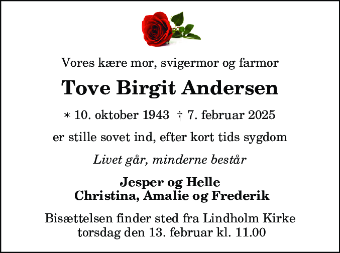 Dødsannonce for Tove Birgit Andersen
