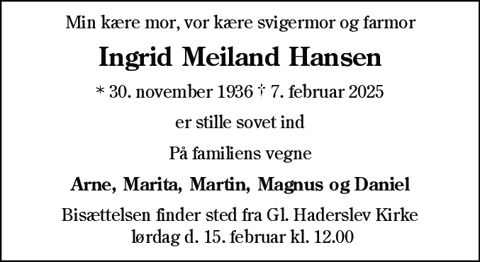 Dødsannonce for Ingrid Hansen