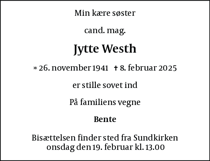 Dødsannonce for Jytte Westh