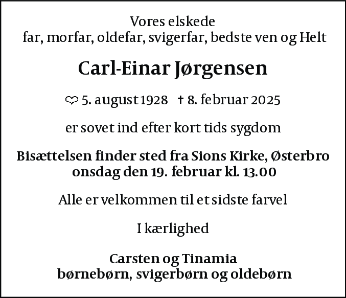Dødsannonce for Carl-Einar Jørgensen