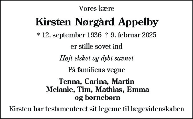 Dødsannonce for Kirsten Nørgård Appelby