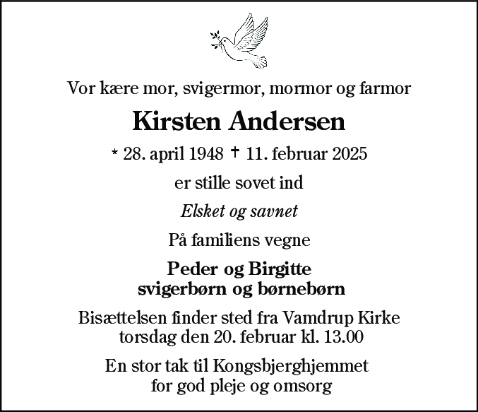 Dødsannonce for Kirsten Andersen
