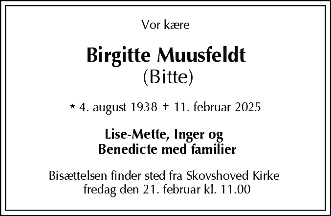 Dødsannonce for Birgitte Muusfeldt