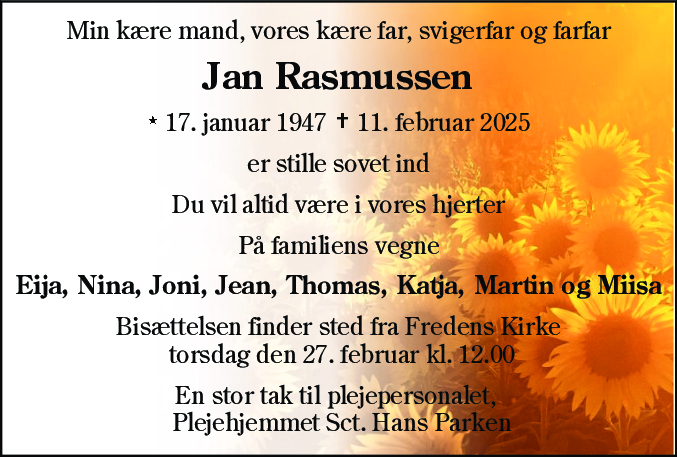 Dødsannonce for Jan Rasmussen