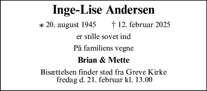 Dødsannonce for Inge-Lise Andersen