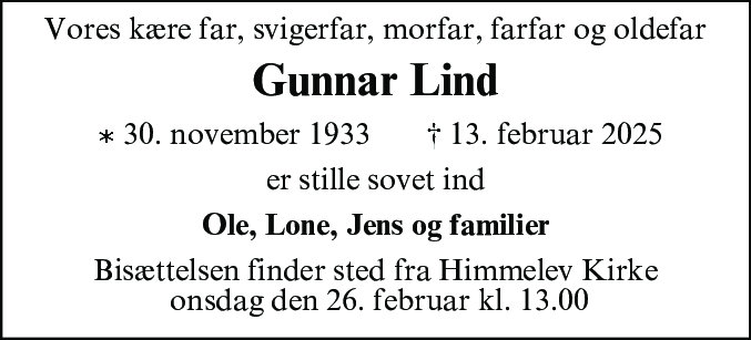 Dødsannonce for Gunnar Lind