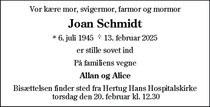 Dødsannonce for Joan Schmidt