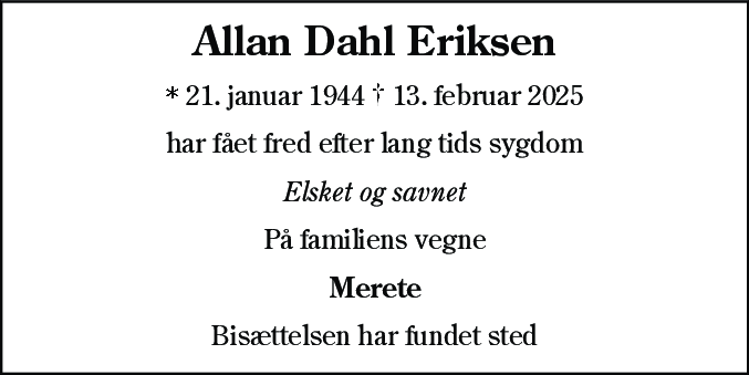 Dødsannonce for Allan Dahl Eriksen