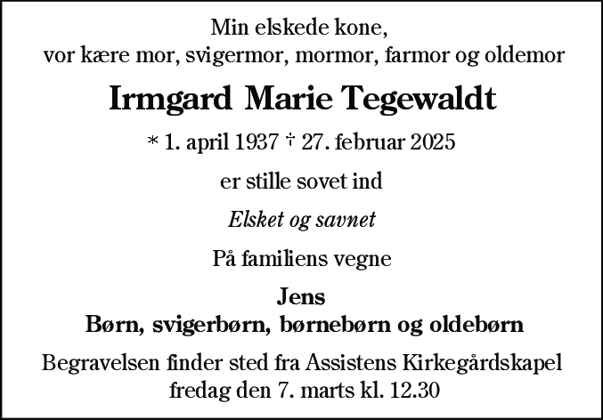 Dødsannonce for Irmgard Marie Tegewaldt