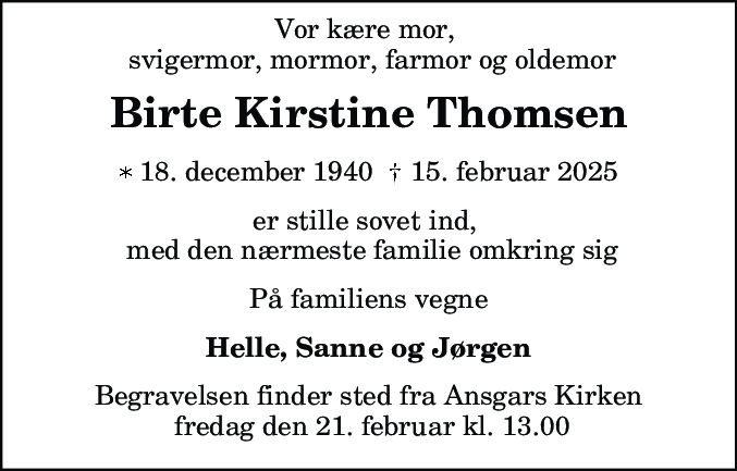 Dødsannonce for Birte Kirstine Thomsen