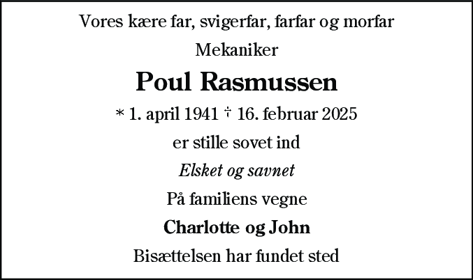 Dødsannonce for Poul Erik Blom Rasmussen