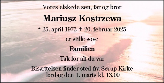 Dødsannonce for Mariusz Slawomir Kostrzewa