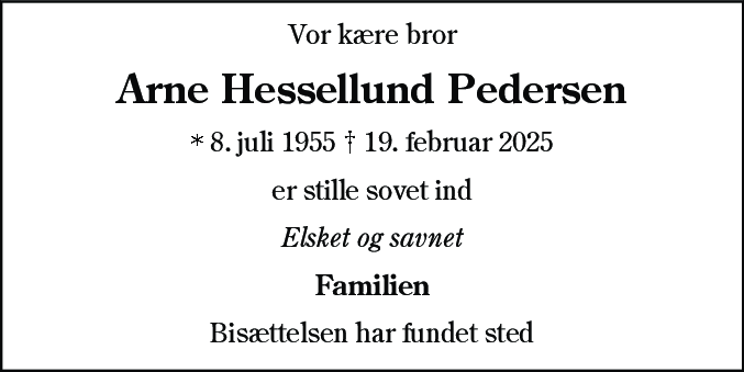Dødsannonce for Arne Hessellund Pedersen