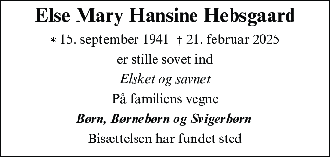 Dødsannonce for Else Mary Hansine Hebsgaard