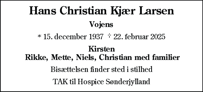 Dødsannonce for Hans Christian Kjær Larsen