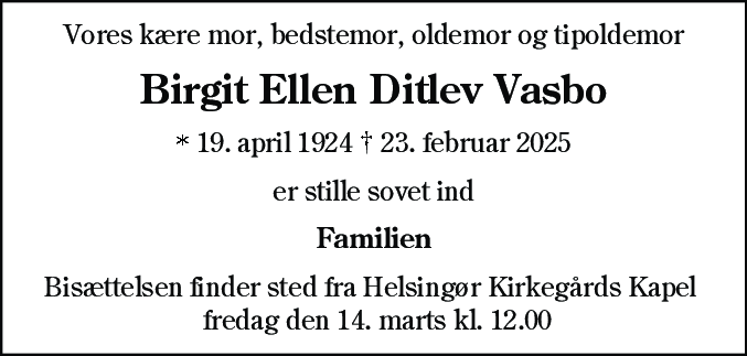 Dødsannonce for Birgit Ellen Ditlev Vasbo