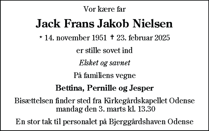 Dødsannonce for Jack Frans Jakob Nielsen