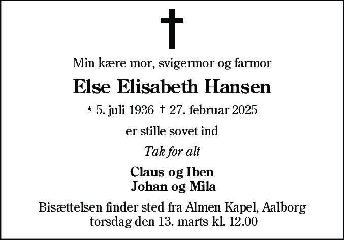 Dødsannonce for Else Elisabeth Hansen