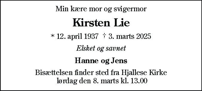Dødsannonce for Kirsten Lie