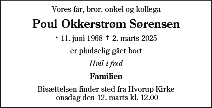 Dødsannonce for Poul Okkerstrøm Sørensen