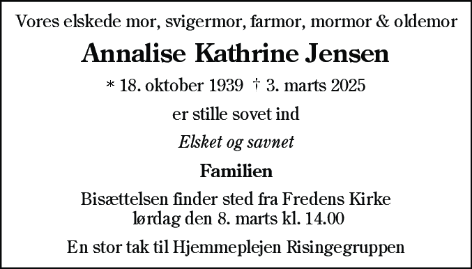 Dødsannonce for Annalise Kathrine Jensen