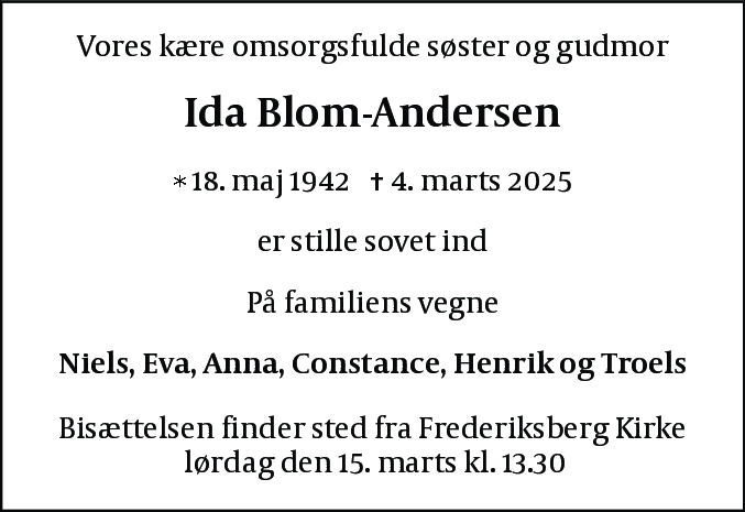 Dødsannonce for Ida Blom-Andersen