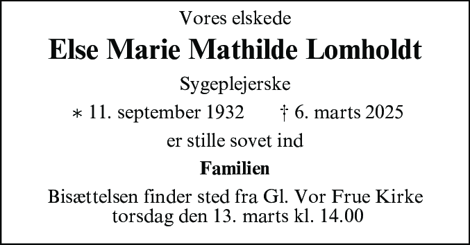 Dødsannonce for Else Marie Mathilde Lomholdt