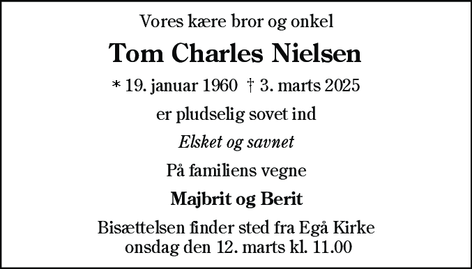 Dødsannonce for Tom Charles Nielsen