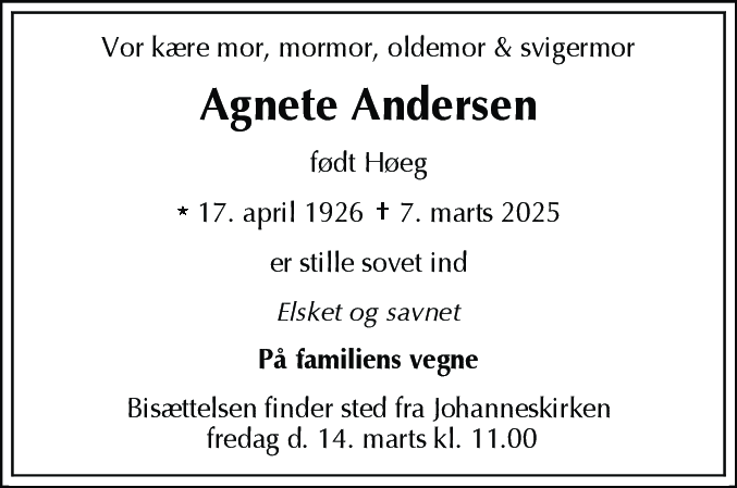 Dødsannonce for Agnete Andersen