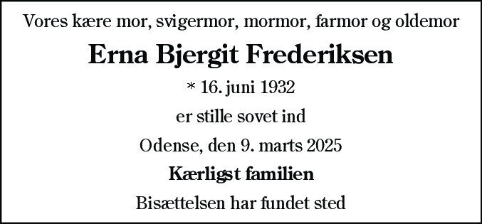 Dødsannonce for Erna Bjergit Frederiksen