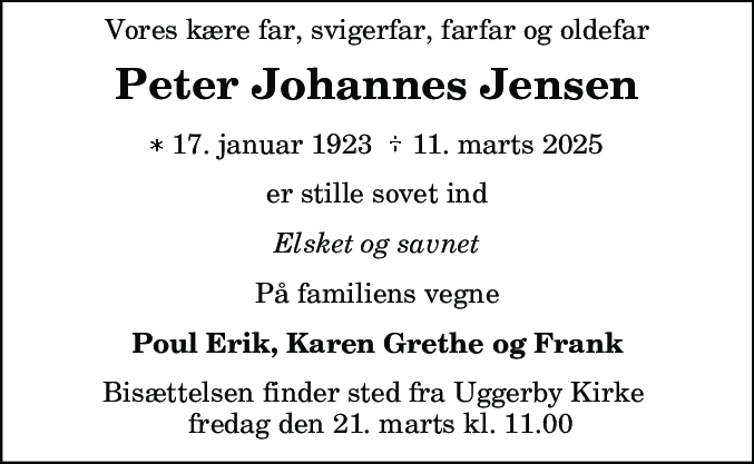 Dødsannonce for Peter Johannes Jensen