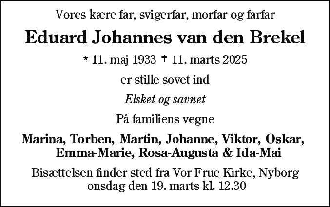 Dødsannonce for Eduard Johannes van den Brekel