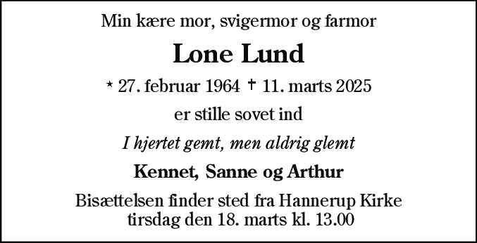 Dødsannonce for Lone Lund