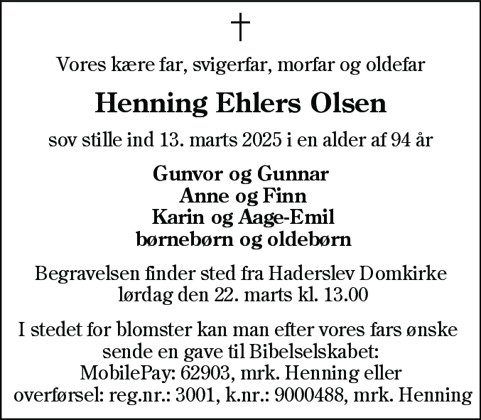 Dødsannonce for Henning Ehlers Olsen