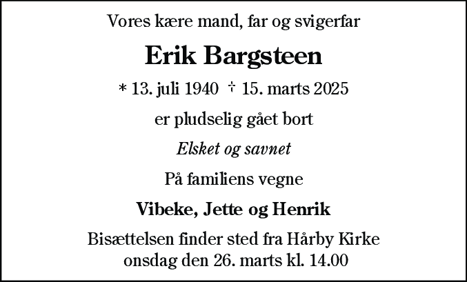 Dødsannonce for Erik Emil Wegner Bargsteen
