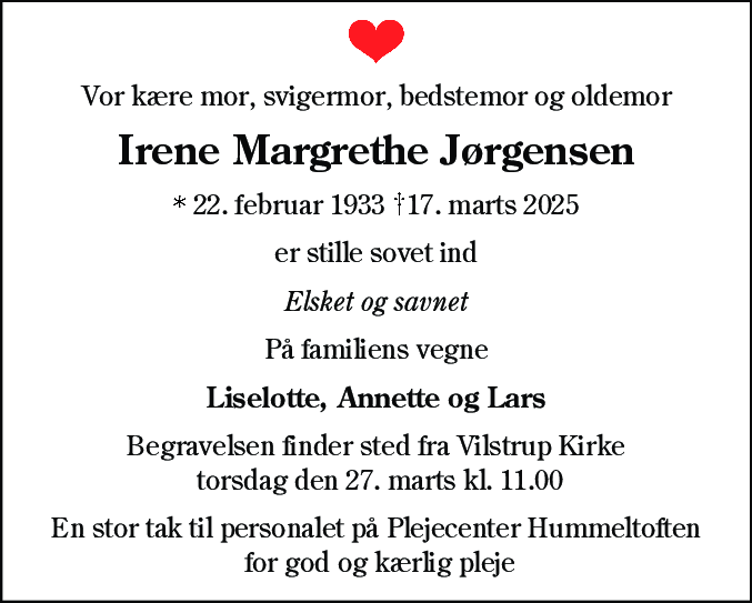 Dødsannonce for Irene Margrethe Jørgensen