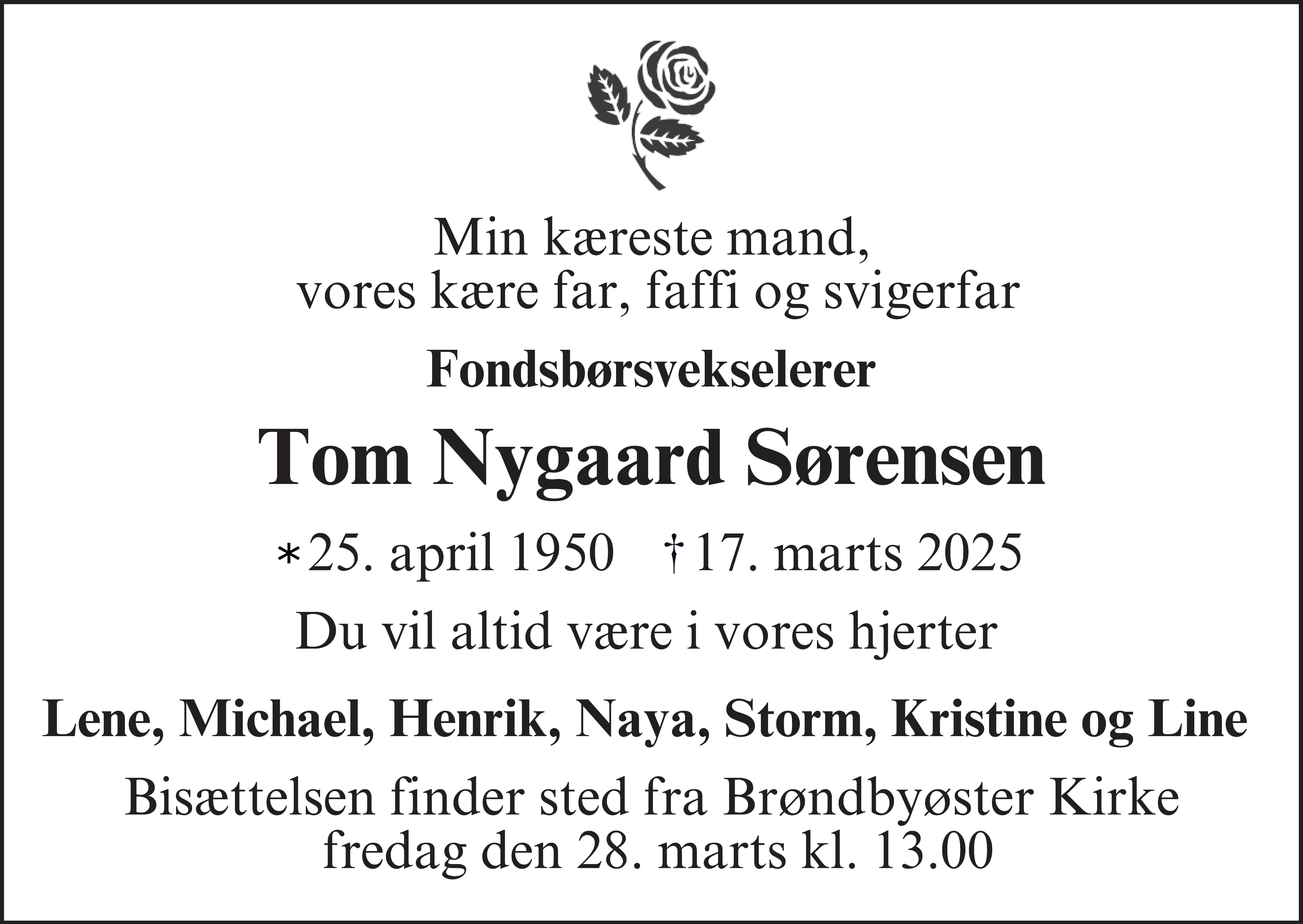 Dødsannonce for Tom Nygaard Sørensen