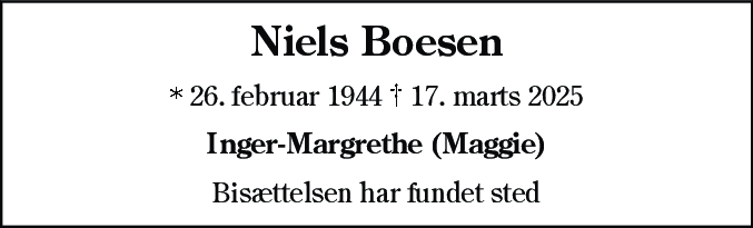 Dødsannonce for Niels Boesen