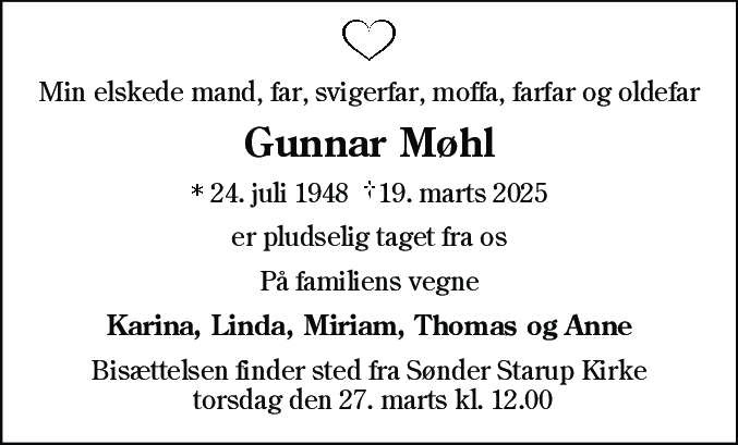Dødsannonce for Gunnar Møhl