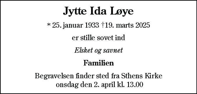 Dødsannonce for Jytte Ida Løye