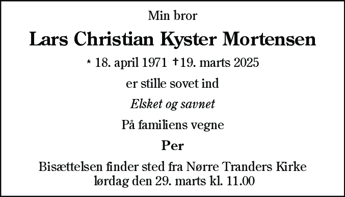 Dødsannonce for Lars Christian Kyster Mortensen