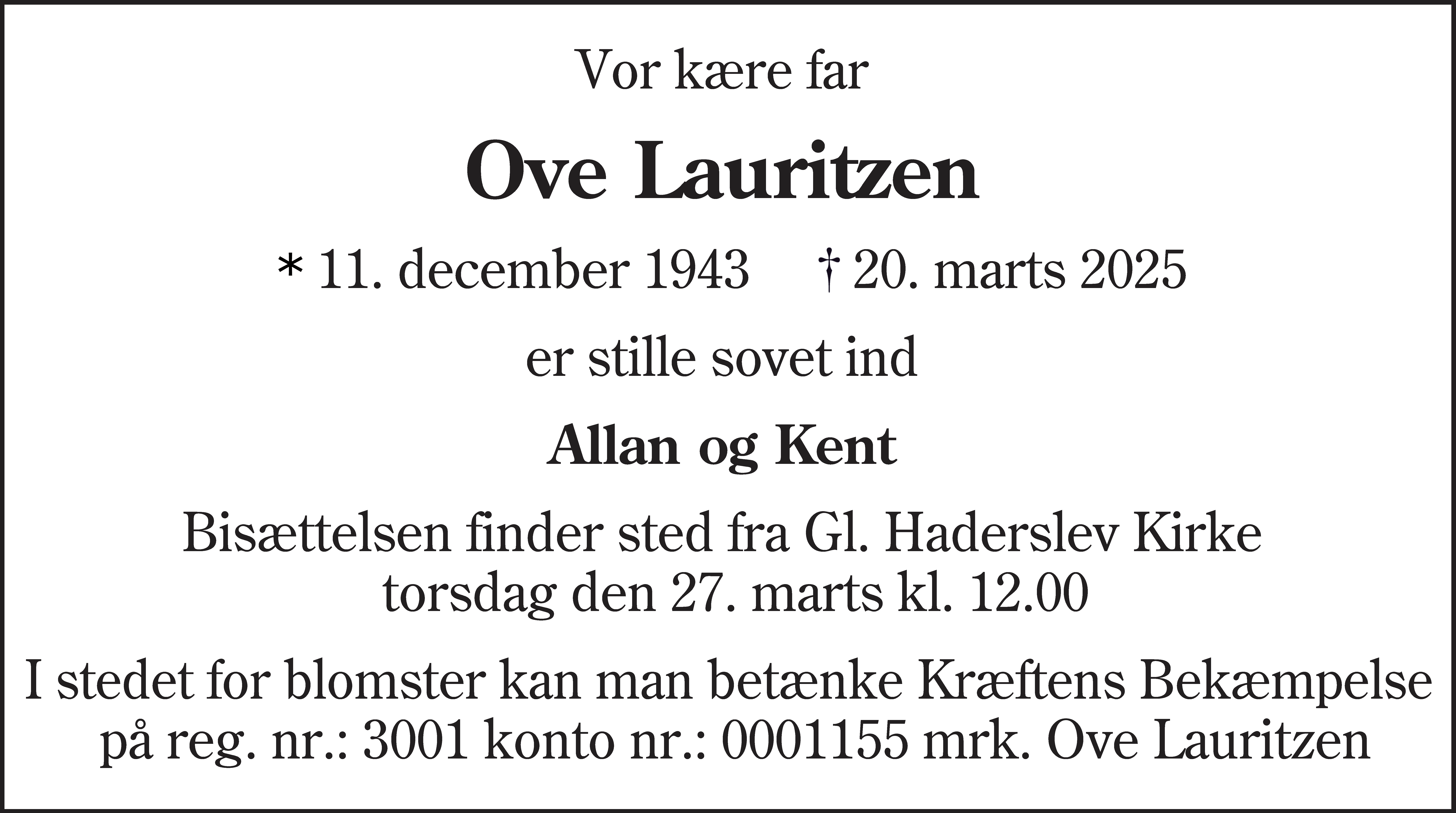 Dødsannonce for Ove Lauritzen