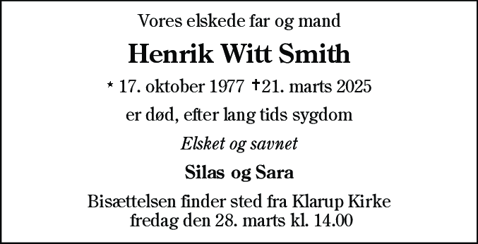 Dødsannonce for Henrik Witt Smith
