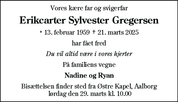 Dødsannonce for Erikcarter Sylvester Gregersen