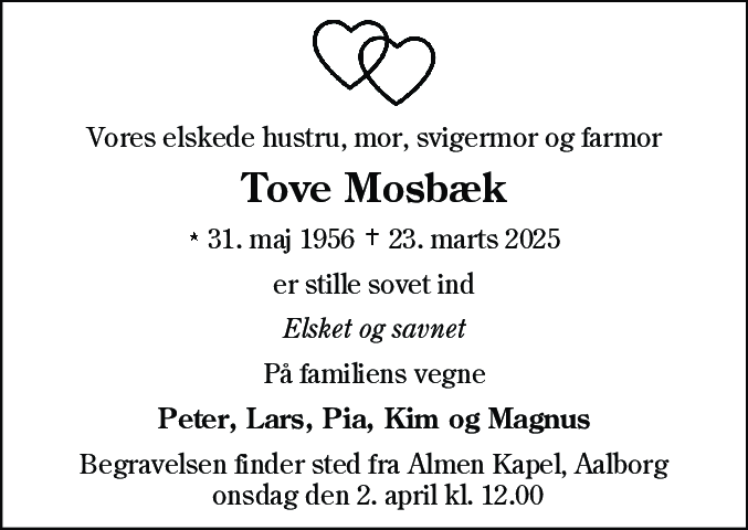 Dødsannonce for Tove Mosbæk