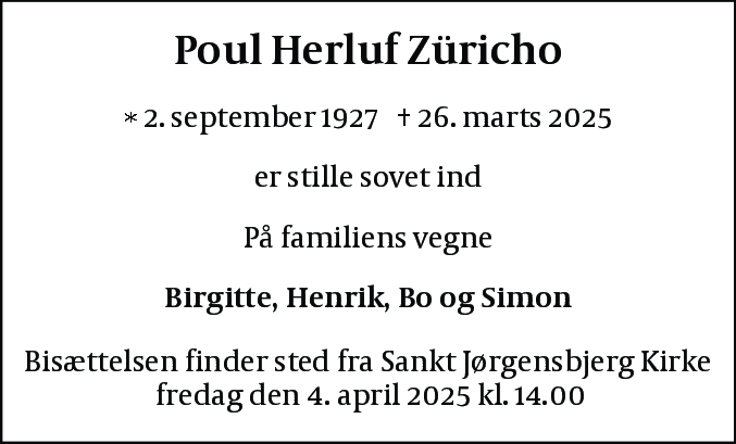 Dødsannonce for Poul Herluf Züricho