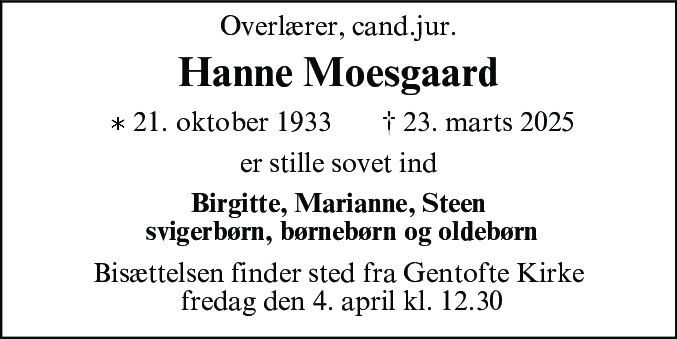Dødsannonce for Hanne Moesgaard