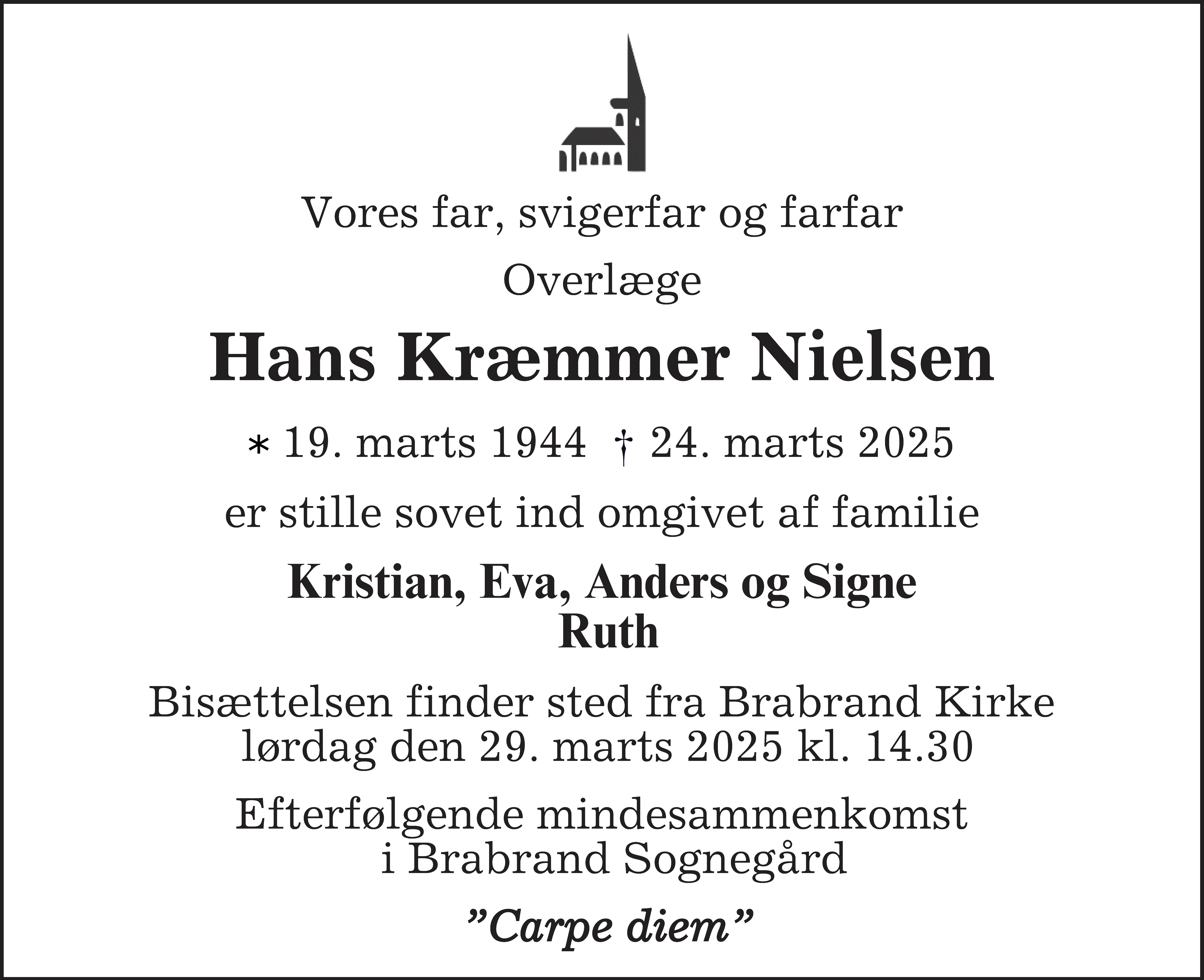 Dødsannonce for Hans Kræmmer Nielsen