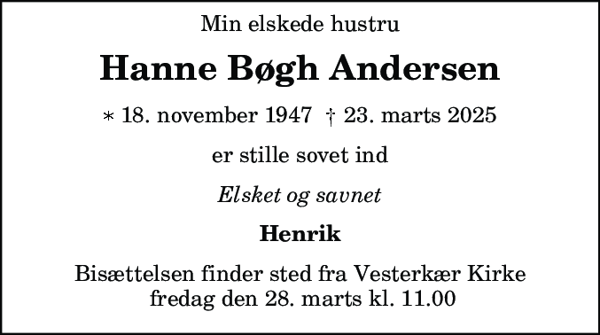 Dødsannonce for Hanne Bøgh Andersen