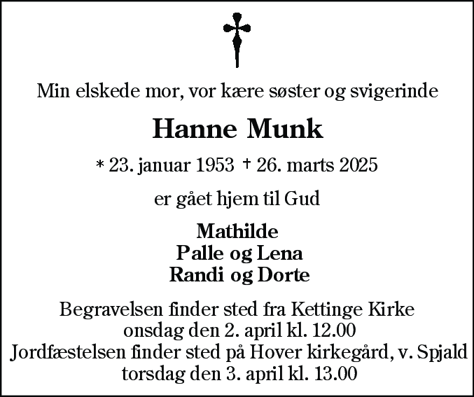 Dødsannonce for Hanne Munk